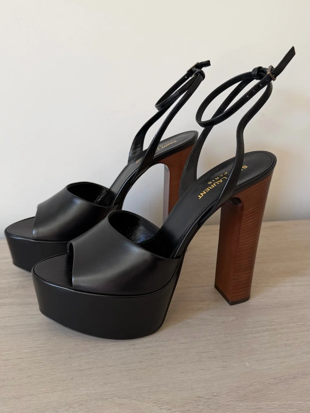 Saint Laurent 95 Leather Platform Sandals Black Leather Size 40